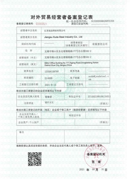 China Jiangsu Xuda Steel Industry Co., LTD zertifizierungen